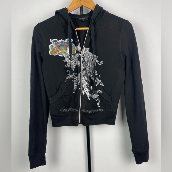 Express Black Y2K 2000s Graphic Print Full Zip Cropped Hoodie Sweater - Picture 1 of 9